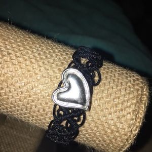 Silver heart on black lacy bracelet OSFA NWT